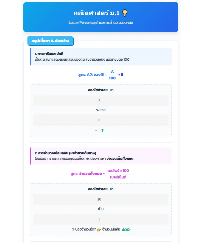 โปรแกรมคำนวณร้อยละ ม.1 สรุปเนื้อหาพร้อมแบบฝึกหัดออนไลน์