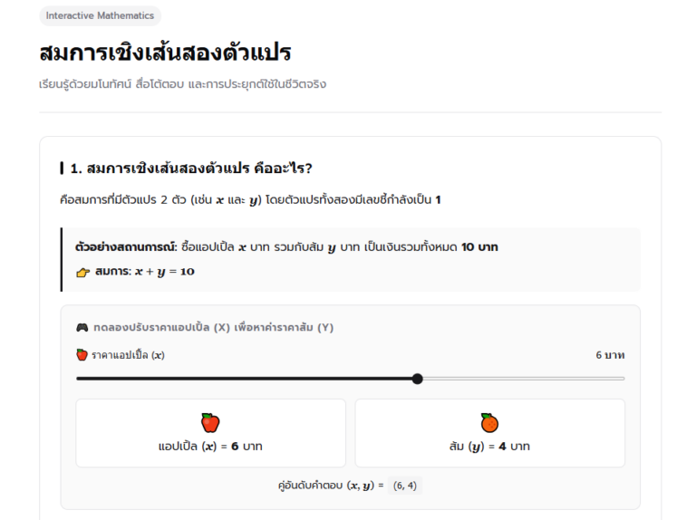 เรียนรู้สมการเชิงเส้นสองตัวแปร สื่อโต้ตอบคณิตศาสตร์ ม.1 ฟรี