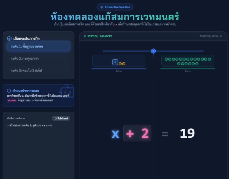 แก้สมการออนไลน์ ห้องทดลองย้ายข้างรักษาสมดุลคณิตศาสตร์