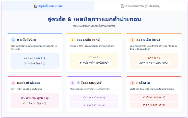 สรุปการแยกตัวประกอบพหุนาม พร้อมเว็บแอปสร้างโจทย์ฟรี