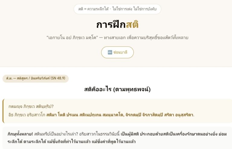 การฝึกสติ สติปัฏฐาน 4 ตามพุทธพจน์ คู่มือปฏิบัติธรรมออนไลน์
