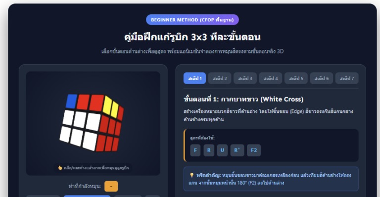 วิธีแก้รูบิก 3×3 พื้นฐาน แอนิเมชัน 3D สอนทีละขั้นตอน
