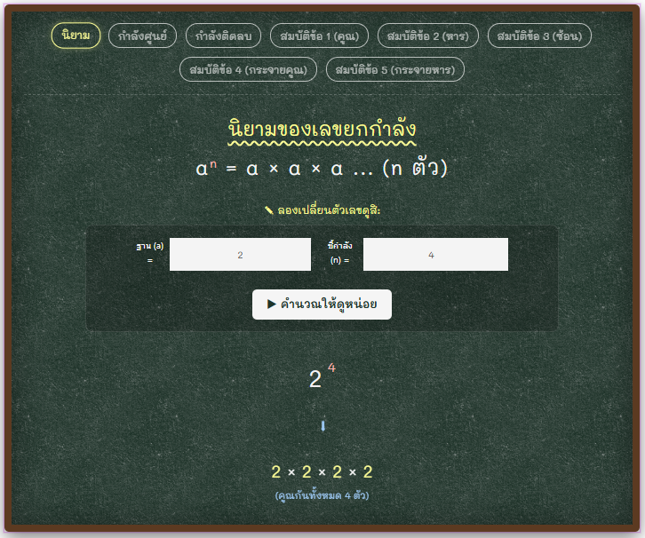 เกมเรียนรู้เลขยกกำลังออนไลน์ จำลองภาพและสูตรคณิตศาสตร์ให้เข้าใจง่าย