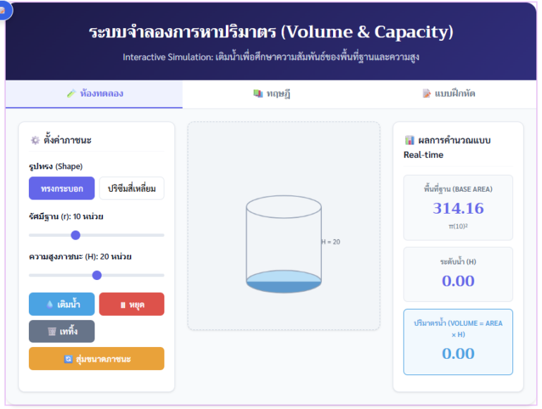 โปรแกรมจำลองคำนวณปริมาตรและความจุ สื่อเรียนรู้คณิตศาสตร์