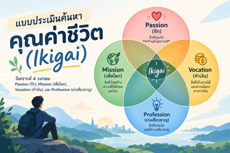 แบบประเมินค้นหาคุณค่าชีวิต Ikigai ค้นพบจุดตัดความสุข
